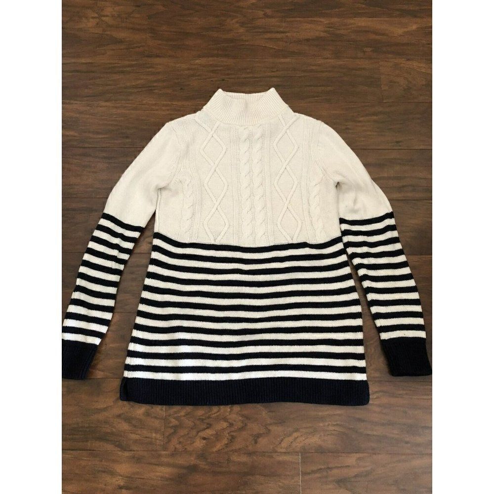 Talbots Women Pullover Sweater Black White Striped Mock Neck Petite Size SP